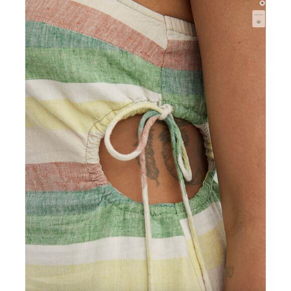 Aerie Side Cut Out Mini Linen Sundress Green Yellow Pink sz S - Picture 4 of 13